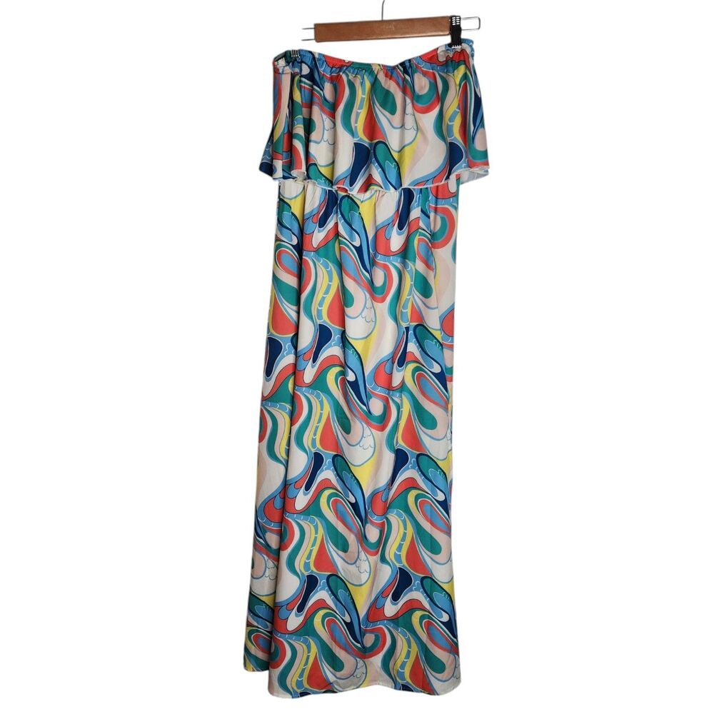 Maxi Slit Dress OS Colorful Abstract Swirl Ruffled Off The Sholder Strapless